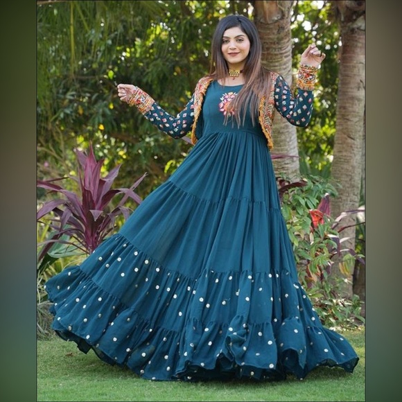 Deep Sea Blue Color Party Wear Gown - Picture 1 of 7